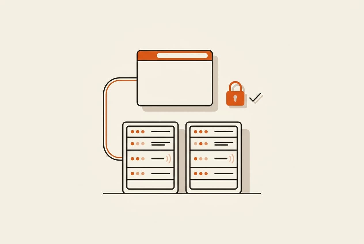 Illustration: ett webbläsarfönster kopplat till två serverstativ, med ett orange hänglås och en bock