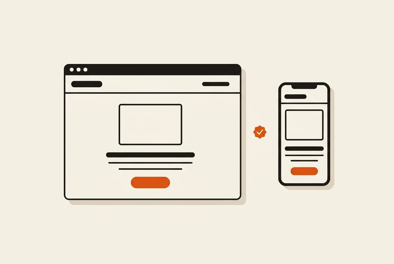 Illustration: en webbsida i ett webbläsarfönster bredvid en mobil som visar samma sida, med en orange knapp och en bock